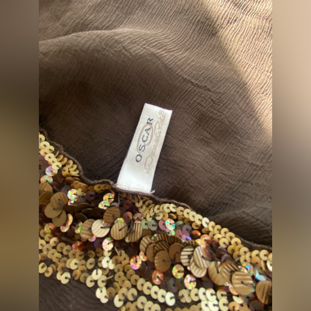 Oscar de la Renta 100% silk shawl, scarf wrap, beaded, made in India dark brown - Picture 9 of 16